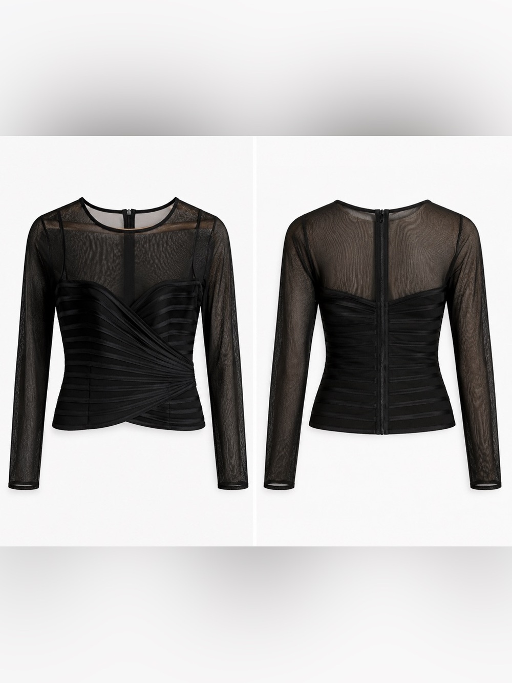 JS Collections Black Sheer Mesh Long Sleeve Ruched Wrap Blouse Size 8